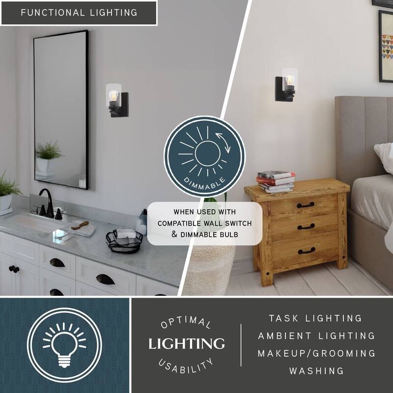 Park Ridge Bathroom Vanity Lighting Wall Fixture, Clear Glass Shade, Dimmable, LED Compatible, Over Mirror Mount Steel