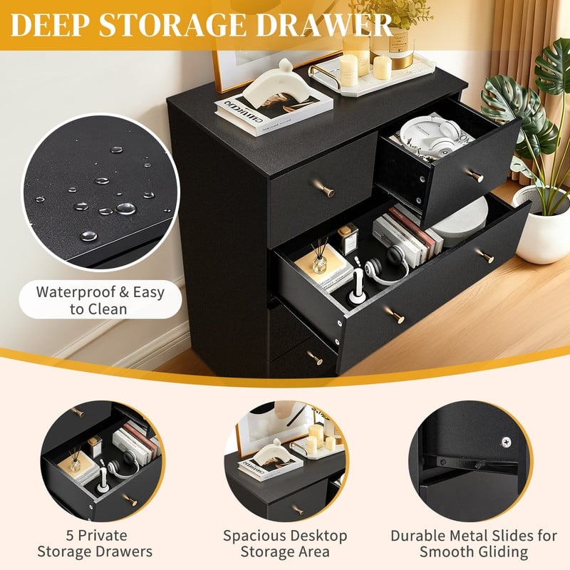 5-Drawer Dresser For Bedroom And Chest Of Drawers With Sturdy Construction Wood Storage Organizer For Closet