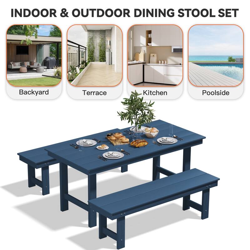 3-Piece HDPE Outdoor Dining Set with Umbrella Hole Table and Two 2-Person Benches