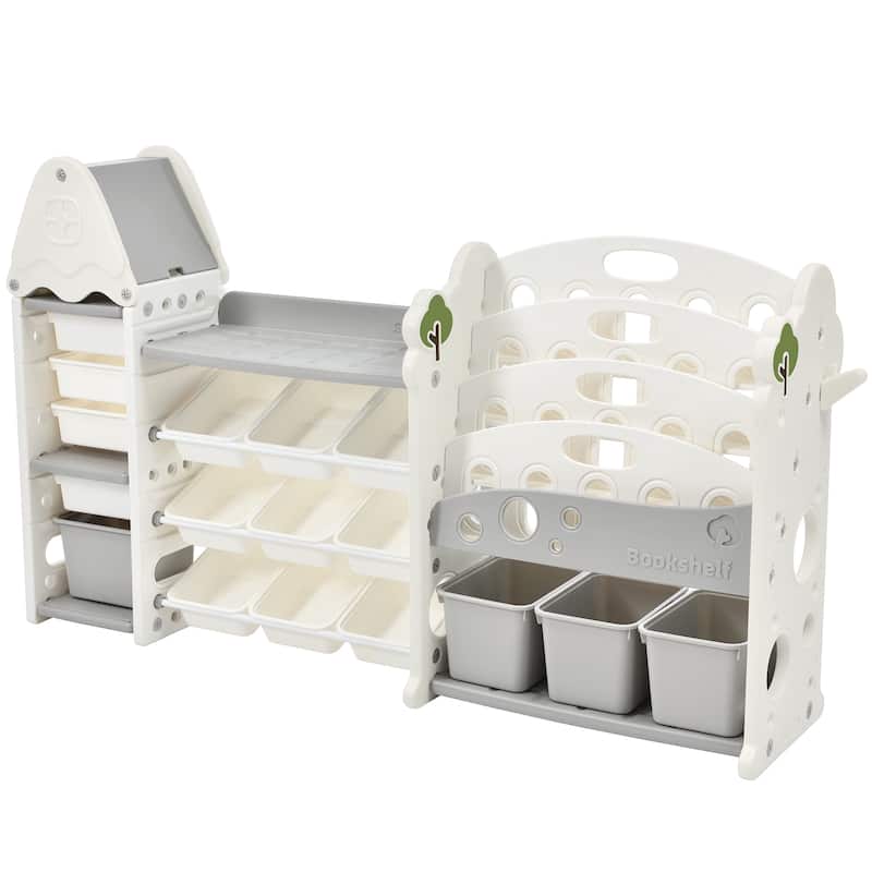 Roomfitters Bookshelf Organizer with 17 Bins and 5 Shelves, Multi Functional Storage Cabinet for Home
