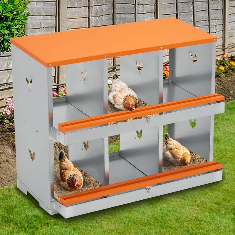 Wall-Mount or Free-Standing Metal Chicken Nesting Box for Hens, Orange - Orange 6 Compartments