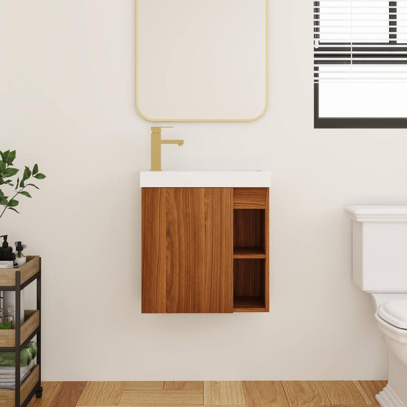 BNK 20"/24"/30" Single Sink Bathroom Vanity with Soft Close Door or Right Side Shelves, Modern Floating Vanity - 20"X10" - Brown-075