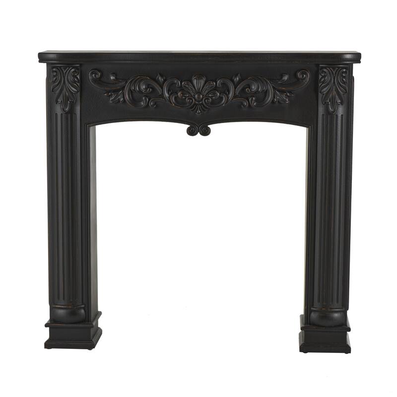 Black Wooden Freestanding Scroll Decorative Fireplace Mantle with Floral Accents - 9"W x 45"L x 43"H