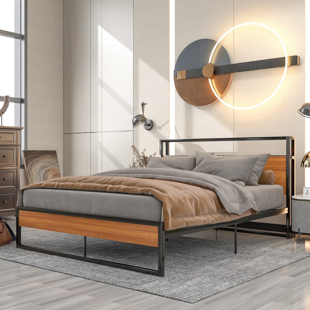 Queen Size Metal Platform Bed Frame with Sockets