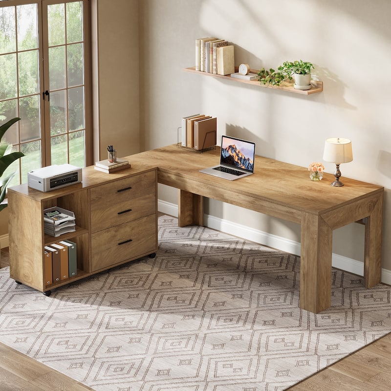 63" L Shaped Desk with File Cabinet, Executive Office Desk