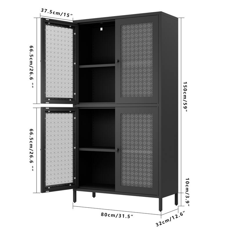 Classic Metal Storage Cabinet Display Cabinet with 4 Glass Doors 4 Shelves Cabinet Bookcase Side Cabinet