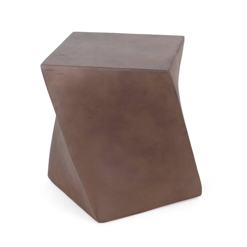 Outdoor Side End Table, Twisted Cube Shape Brown Faux Concrete 21 Inch