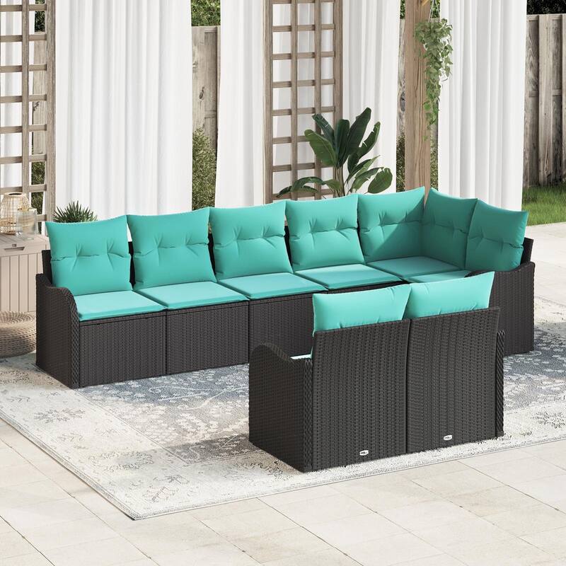 vidaXL 8 Garden Sofa Set with Cushions Black Poly Rattan - 113.2 x 48.2 x 27.2 - Black without table