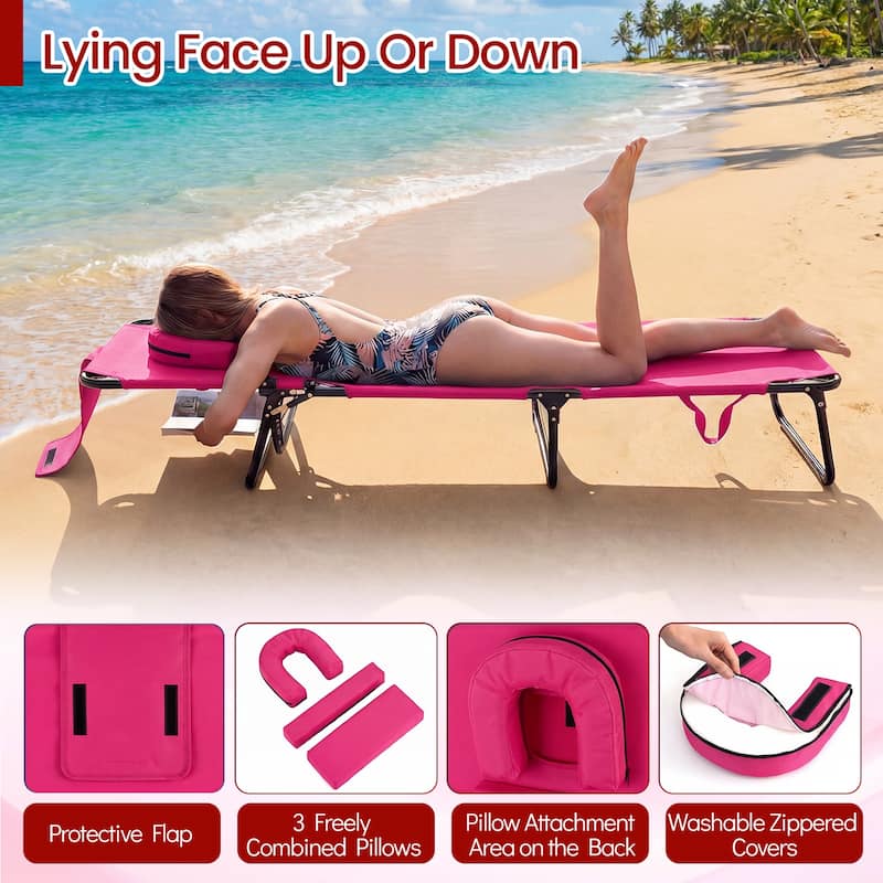 Gymax 2PCS Folding Beach Sun Lounger w/Face Hole Removable Pillows