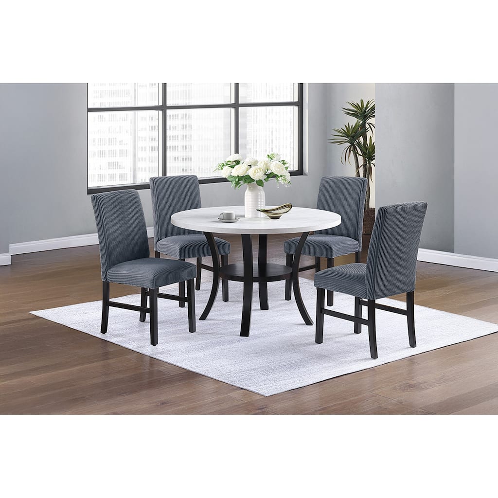 Modern Elegant 5pc Dining Set Dark Gray Corduroy Chairs White Top Table w Lower Shelf Kitchen Dining Room