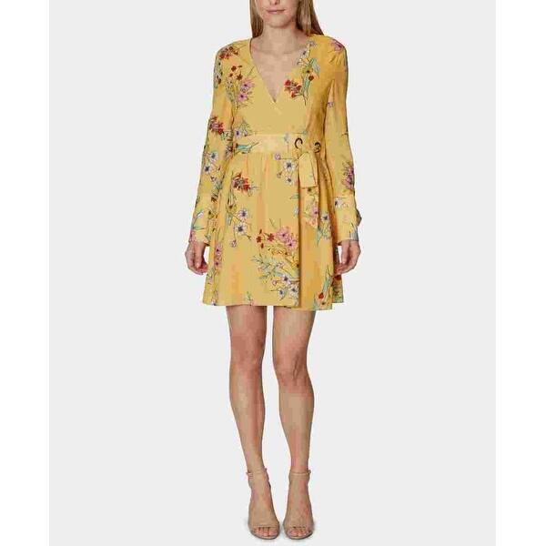 Avec Les Filles Women's Long Sleeve V Neck Mini Trapeze Dress Yellow Size 4  - Bed Bath & Beyond - 40578419