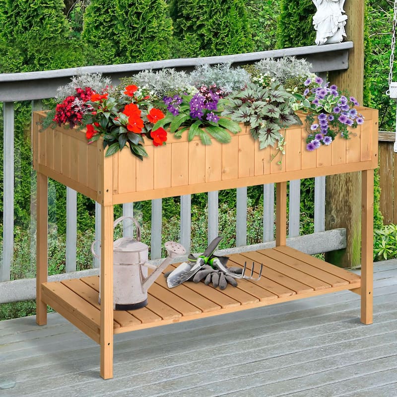 Raised Garden Bed with 8 Pockets and Shelf, Wooden Elevated Box with Legs to Grow Herbs, Vegetables, and Flowers, Natural