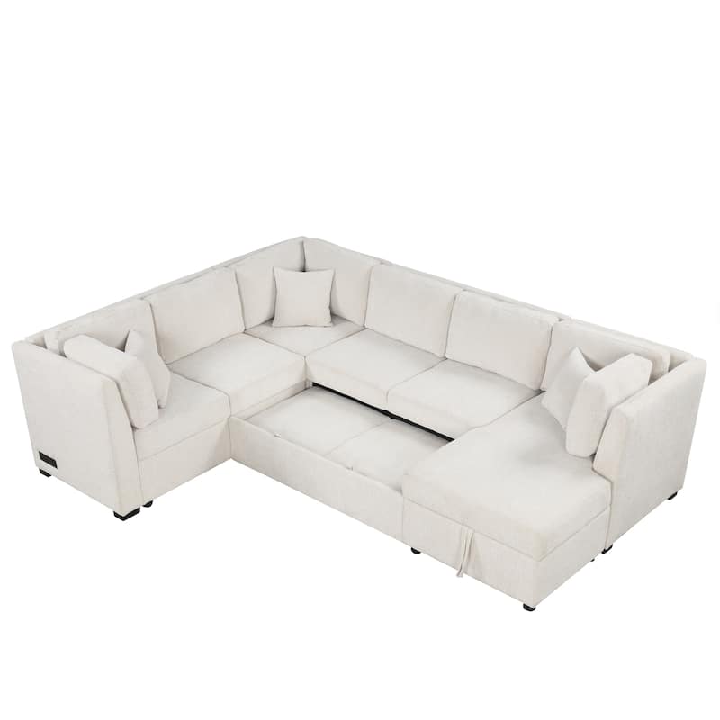 Roomfitters 108.6" U-Shaped Sectional Sofa Pull-Out Sofa Bed with USB Ports, Power Sockets, Back Pillows, Beige