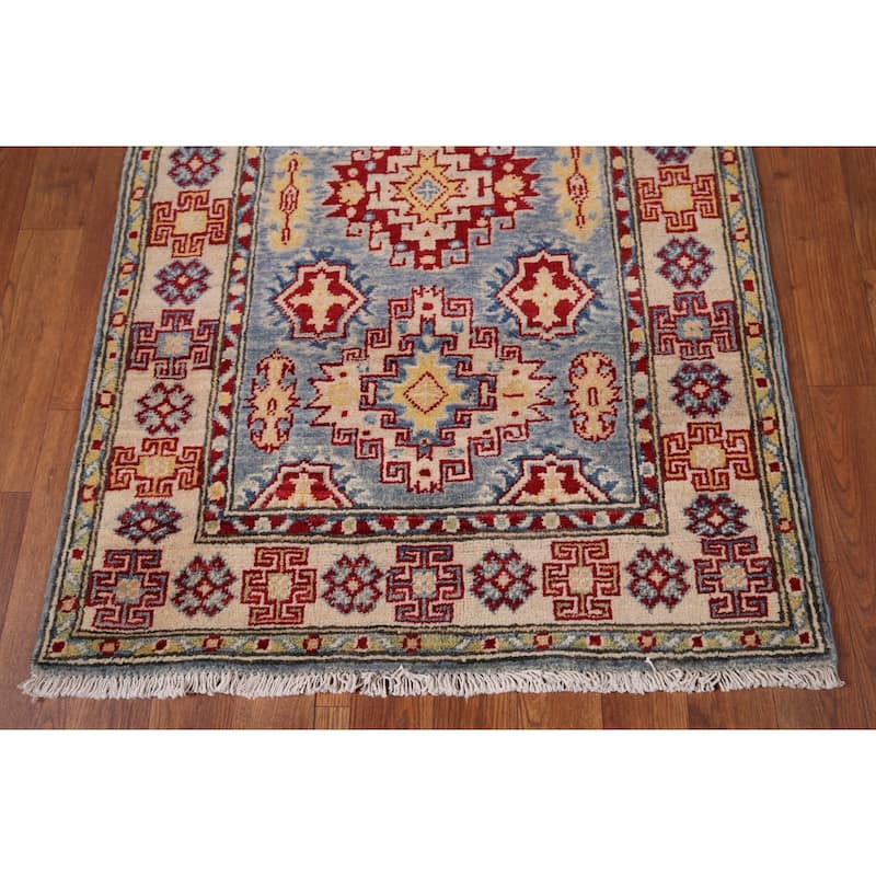 Blue Geometric Kazak Runner Rug Hand-Knotted Wool Carpet - 2'9" x 15'11"