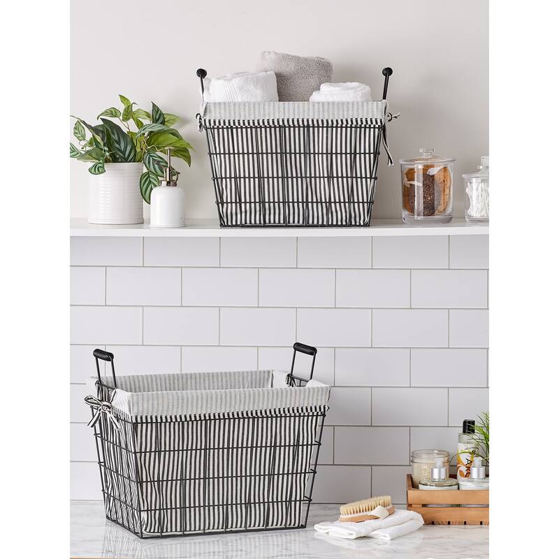 Asst Farmhouse Black Wire Black/White Ticking Stripe Liner Basket - Lined Basket Set