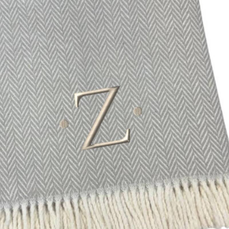 55" X 70" Gray And White Herringbone Cotton Blend A Initial Throw Blanket with Tassels And Embroidery