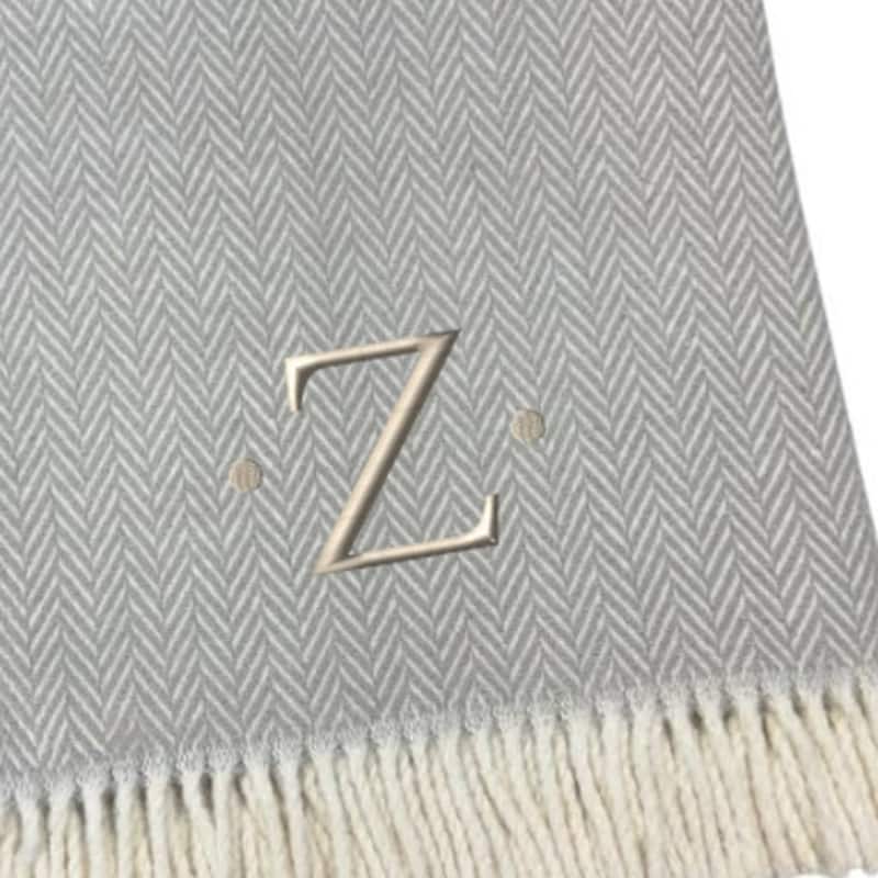 HomeRoots 55" X 70" Gray And White Herringbone Cotton Blend Z Initial Throw Blanket with Tassels And Embroidery