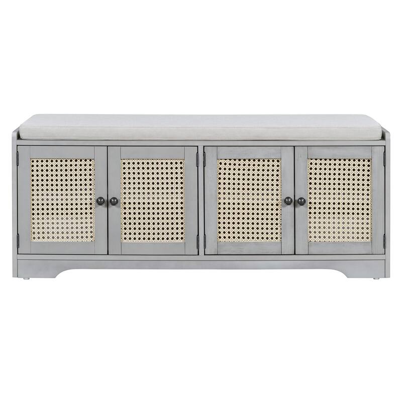 Rustic Storage Bench Multifunctional Wood Entryway Shoe Bench with Removable Cushion, Woven Rattan Doors & Adjustable Shelves