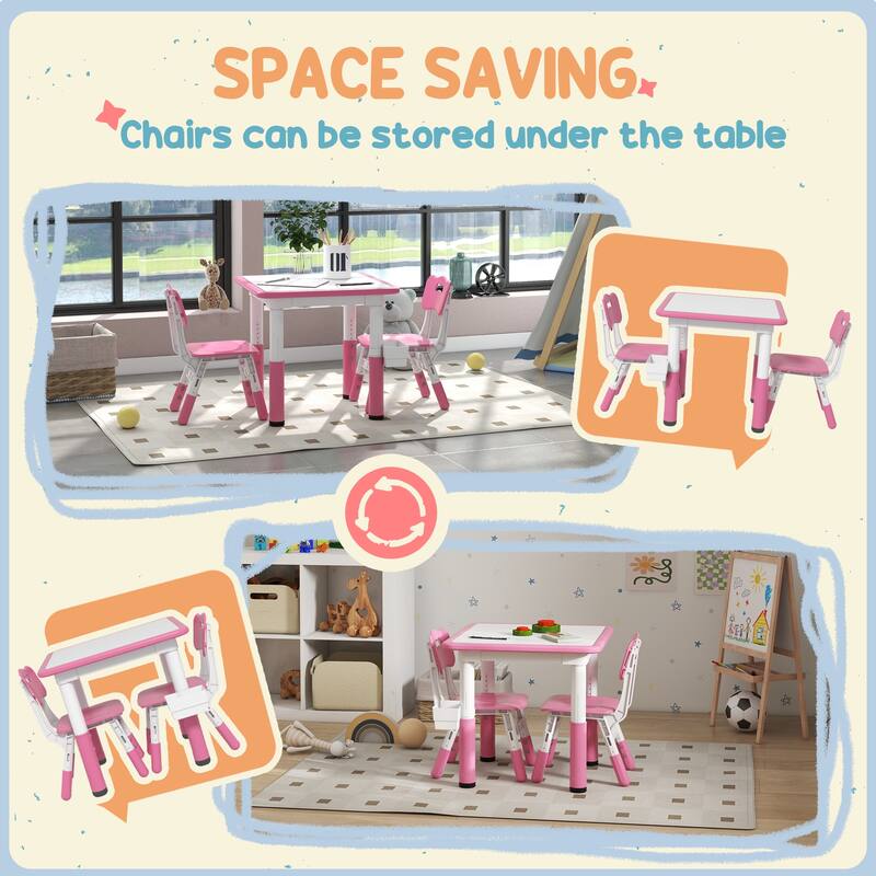 Kids Adjustable Table and Chair Set with Storage Box White Pink Activity Play Furniture for Toddlers and Preschoolers