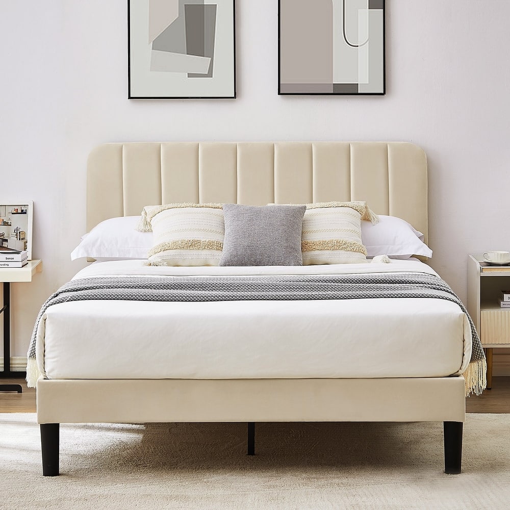 VECELO Modern Upholstered Platform Bed Frame with Adjustable Velvet Headboard Under-Bed Space for Storage No Box Spring Needed