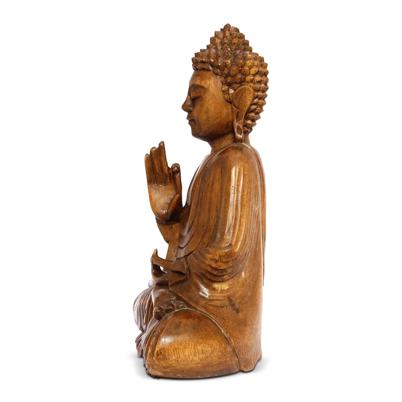 Wooden Serene Sitting Buddha "Vitarka Mudra" Statue Handmade Meditating Sculpture Figurine Home Decor Accent Handcrafted Art - 20" tall x 14" wide x 8" deep