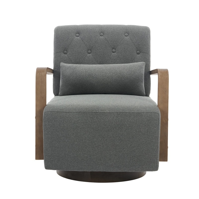 Solid Wood Swivel Accent Chair with Armrests and Lumbar Pillow - 360° Rotation