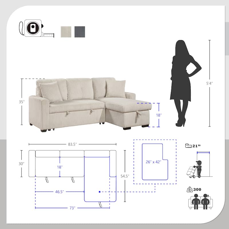 Jessenia Corduroy 3-Piece Reversible Sectional with Pull-out Bed