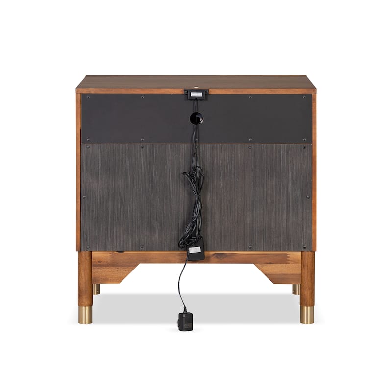 Furniture of America Forma Mid-Century Modern Walnut Solid Wood Nightstand With LED Light and USB Ports (Set of 2)