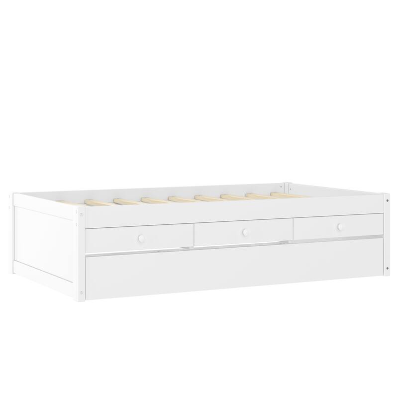 Twin Platform Bed with Trundle and 2 drawers,SolidWood Beds with Power strip