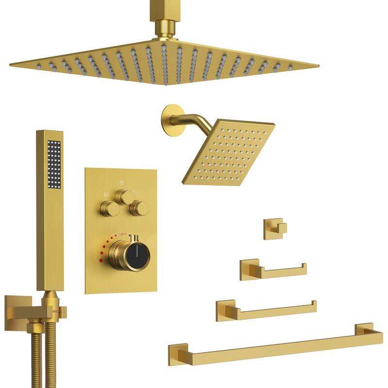 GRANDJOY Dual Shower Heads 12" Rainfall Shower System with 4-Piece Bathroom Towel Rack Combo Set - Brushed Gold
