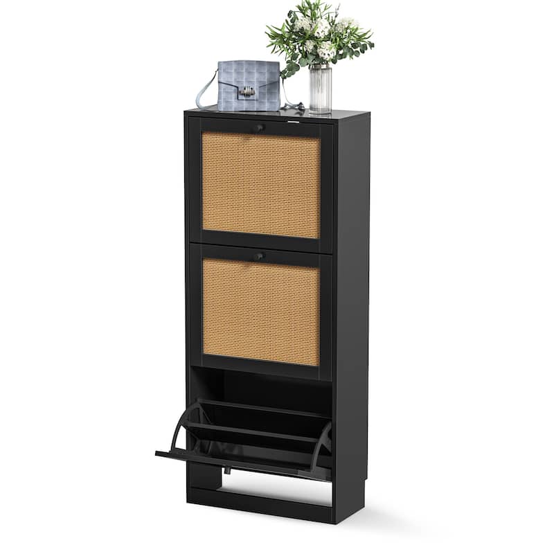 18 Pairs Black Shoe Storage Cabinet Wood Shoe Rack Organizer with 3 Flip Drawers for Entryway - 3-Tier