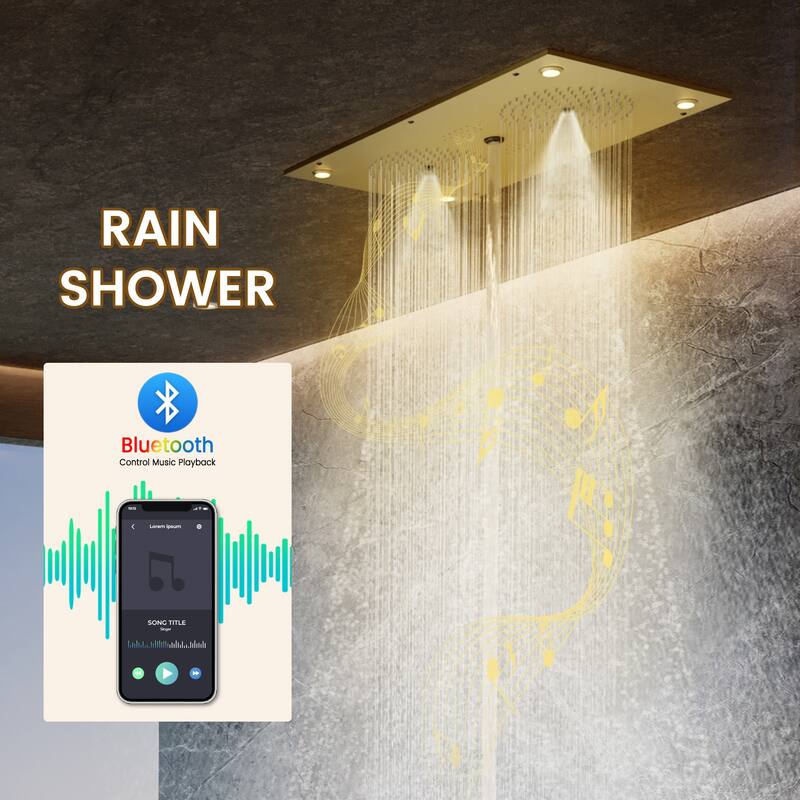 Thermostatic 4-Spray 28 in. x 15 in. Ceiling Mount Fixed and Handheld Dual Shower Head 2.5 GPM with LED Mood Light & Music