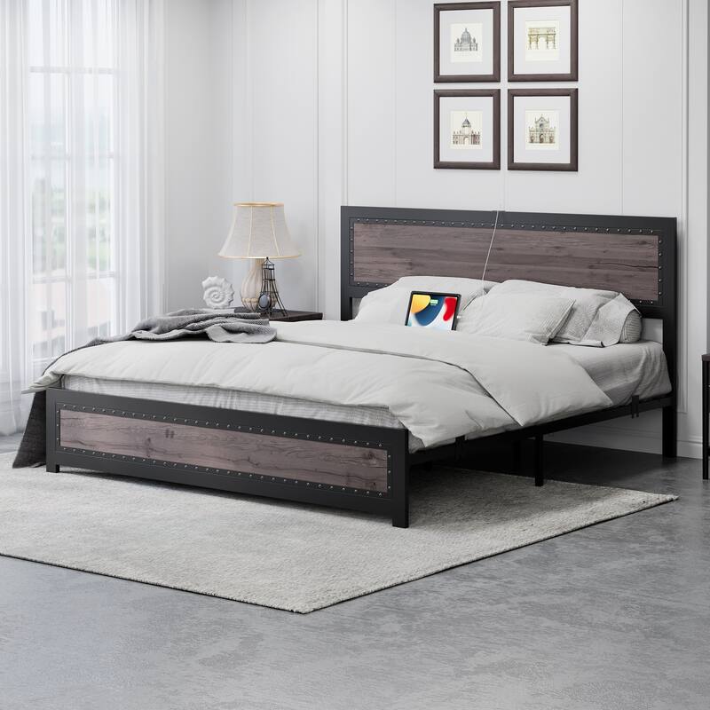 Bed Frame with Headboard - Gray wood grain - Full