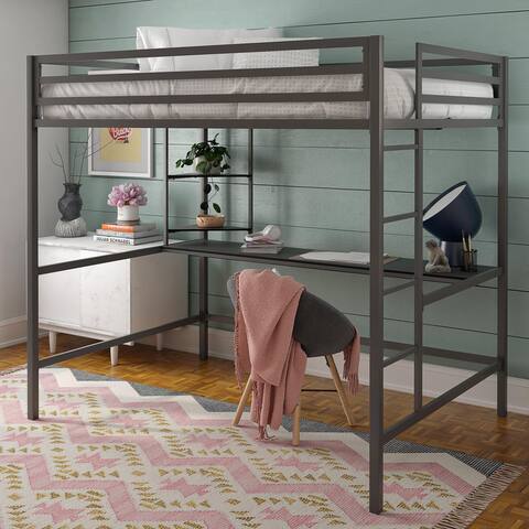 Novogratz Maxwell Metal Loft Bed with Desk & Shelves