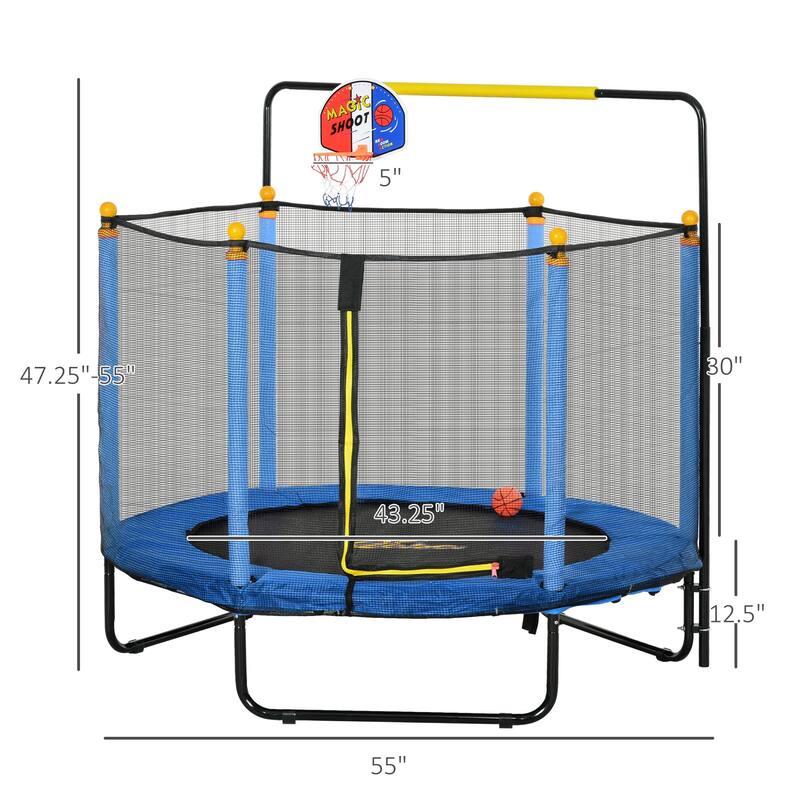 4.6' Kids Trampoline with Basketball Hoop Horizontal Bar 55" Indoor with Net Small Springfree for Ages 3-10 Blue