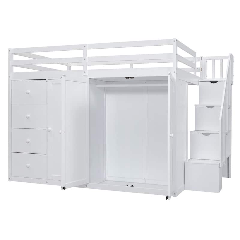 Merax Full Size Wood Loft Bed With Built-in Wardrobes, Cabinets and Drawers