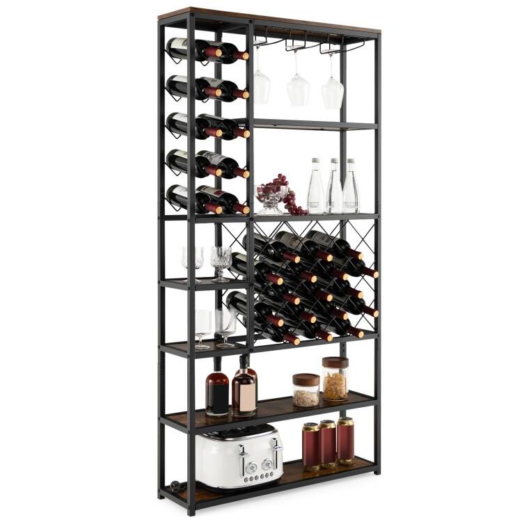 Industrial Floor Wine Rack with 3 Rows of Stemware Racks - 32" x 9" x 65.5"