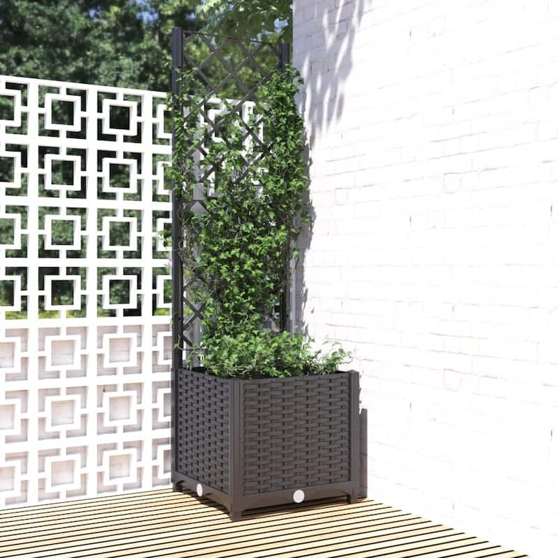 vidaXL Garden Planter with Trellis Plant Pot Flower Box Raised Bed Outdoor PP - 15.7" x 15.7" x 53.5" - Black