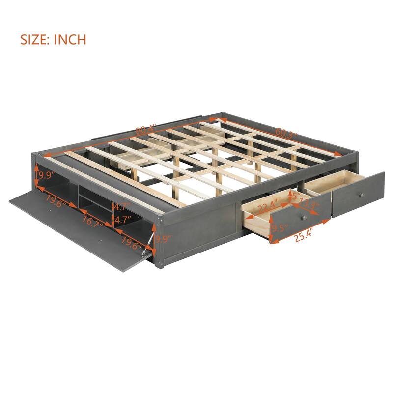 Queen Size Platform Bed Open Frame with Footboard Storage and 4 Drawers