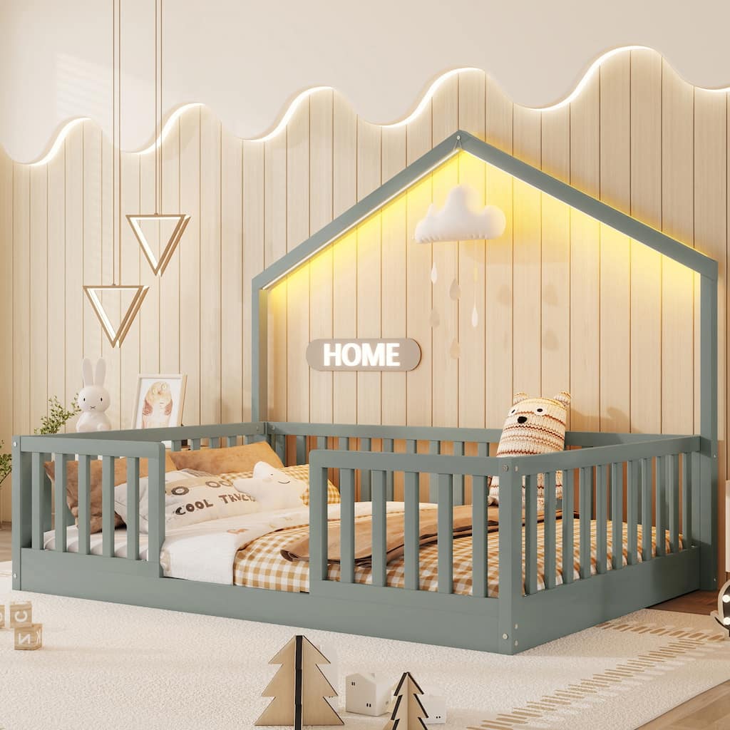 Full Floor Bed with High Rails, Wooden Montessori Bed with Light for Kids, Boys and Girls