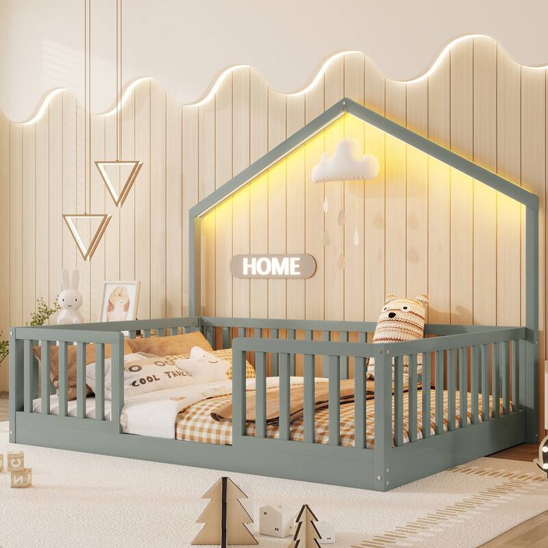 Wooden Floor Bed House-shaped Frame, Montessori Floor Bed with Light and High Rails, Wood Slat Support Floor Daybed