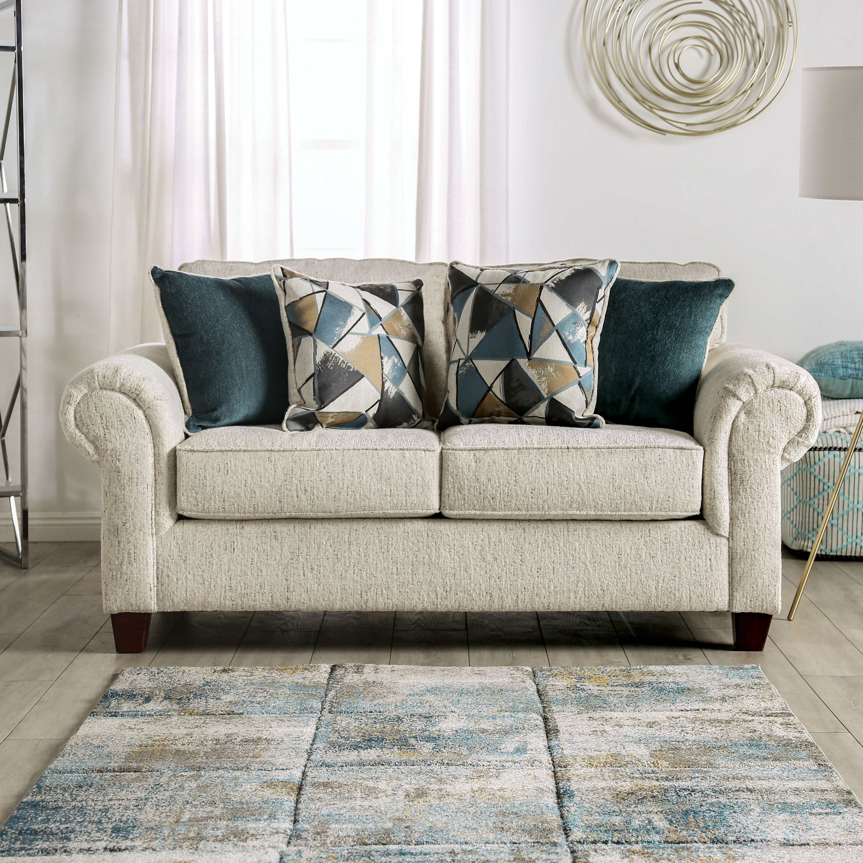 Furniture of America Mecia Transitional Chenille Padded Loveseat with Rolled Arms