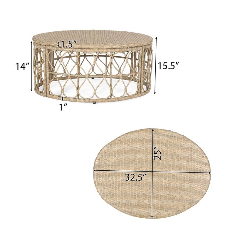 Boho Wicker Weave Coffee Table, 32.5" W - Polyethylene Rattan, Outdoor/Indoor Use