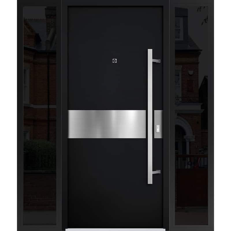 Front Prehung Steel Door 6072 Black Enamel Side and Top Window Sidelite W36+14xH80+16 Lh I Bedroom Door Bathroom Door - Black - 68" x 80"