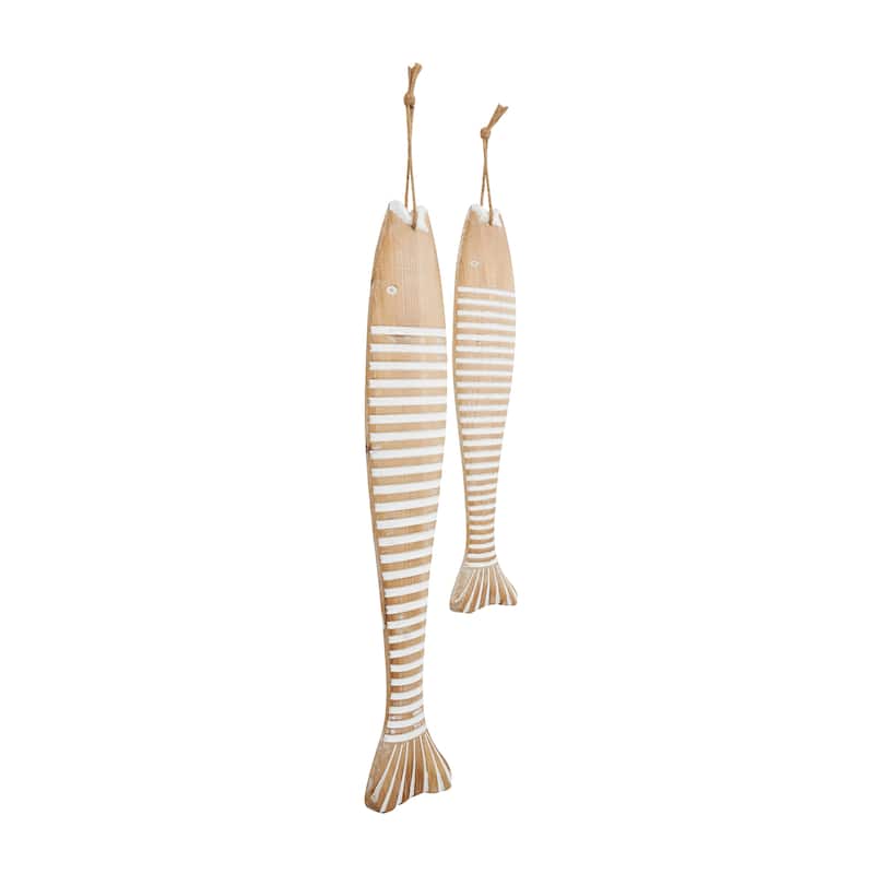 Brown Wood Fish Home Wall Decor with White Stripes and Hanging Rope (Set of 2)