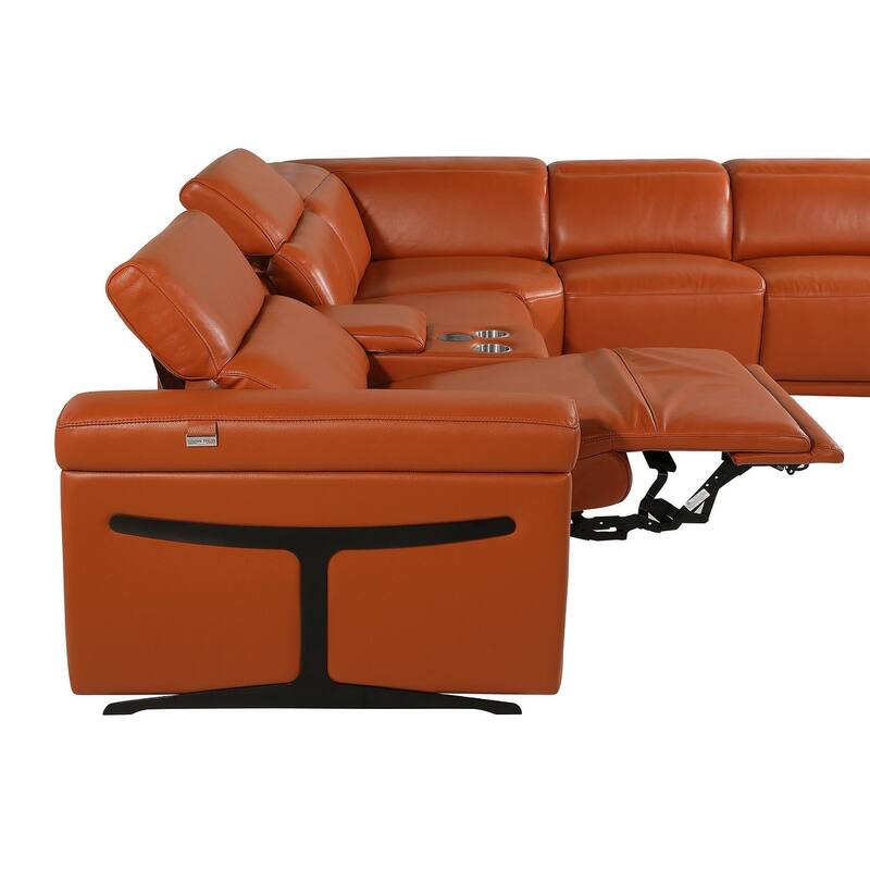 HomeRoots Camel Italian Leather Power Reclining U Shaped Eight Piece Sectional With Console