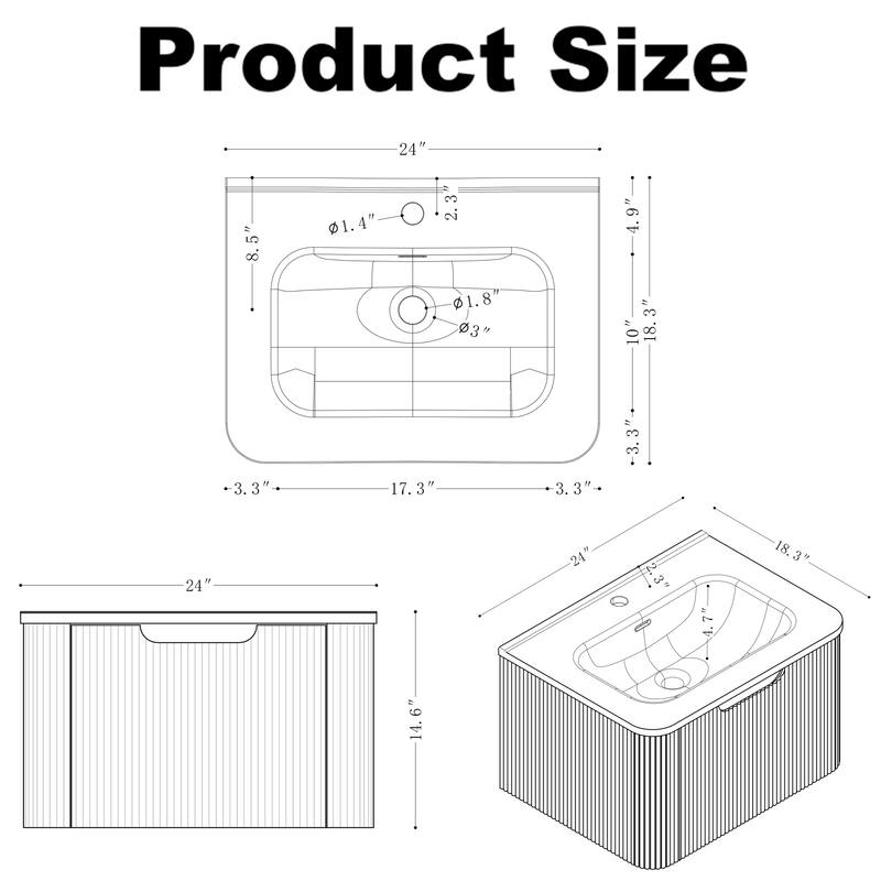GDF Studio - Verona Floating Bathroom Vanity with Curved Edge Storage & Ceramic Basin without Faucet