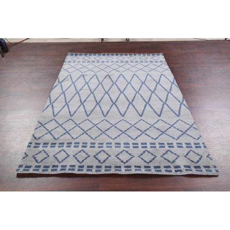 Hand Knotted Oriental 100% Wool Carpet Modern Geometric Greys & Charcoal Moroccan Area Rug - 7' 8'' X 5' 1''