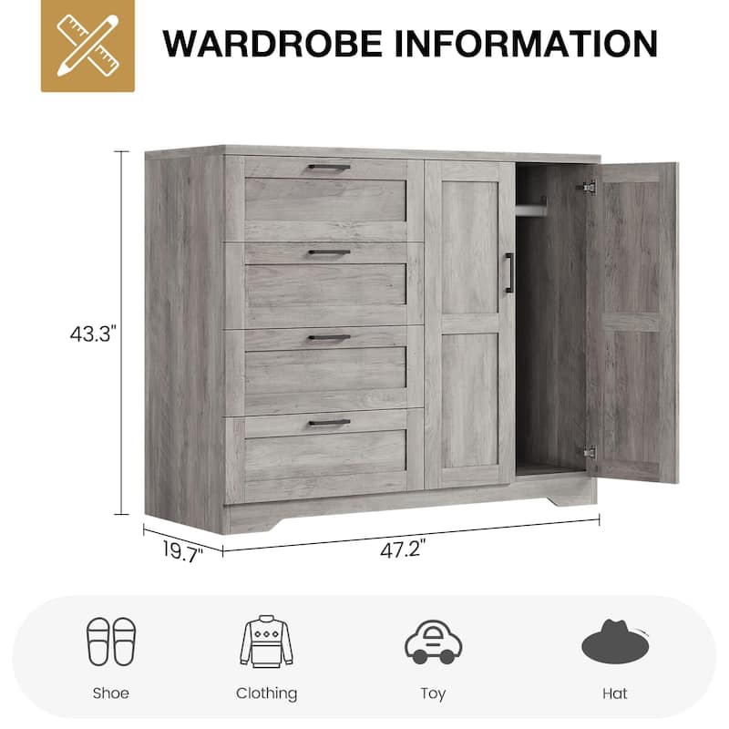 Wood Armoire Wardrobe Closet with 4 Drawers and Door, 43.3" H Bedroom Wardrobe Cabinet with Hanging Rod