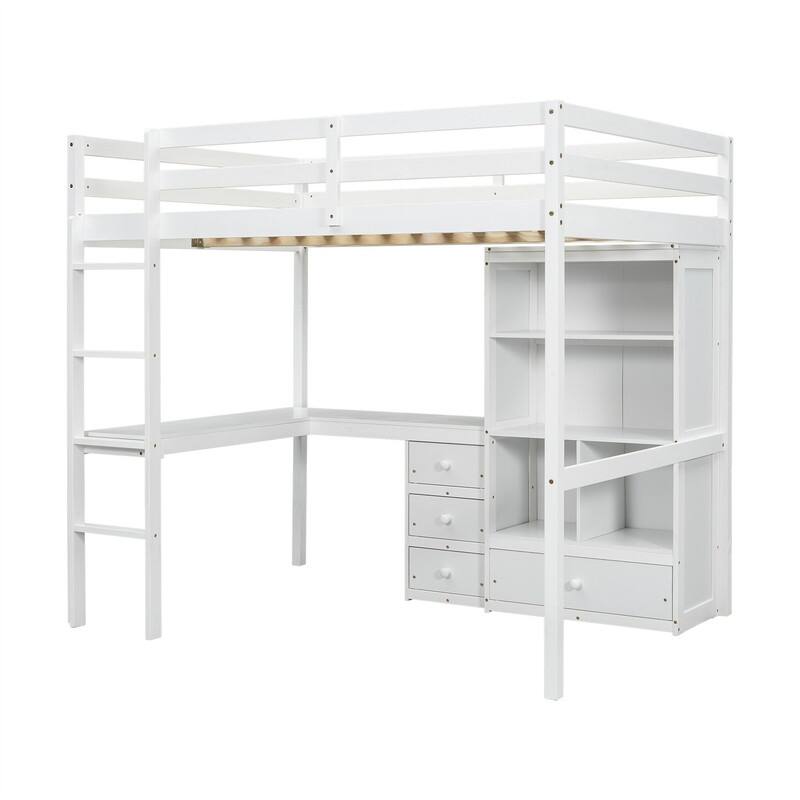Full Size Loft Bed with Bulit-in L-Shaped Desk and Ladder, Wooden High Loft Bedframe with Storage Drawers and Shelves